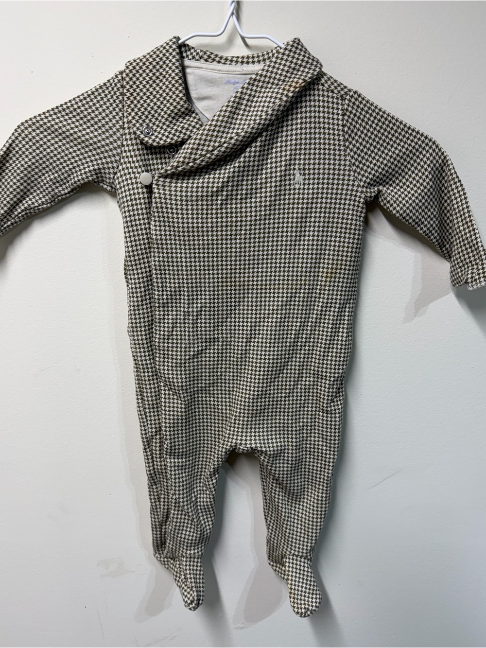 Polo by Ralph Lauren Beige & Green Houndstooth Footed One-Piece